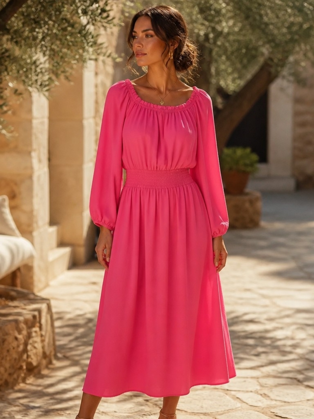 Women's Long Sleeve Pink Smocked-Waist Midi Dress